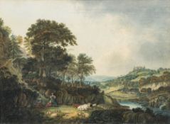 English School Circa 1820 - Extensive valley view: figures, cattle and sheep in the foreground,