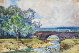 Alfred East [1849-1913]- Figures on a stone bridge,:- watercolour, 16 x 24cm. * Provenance.