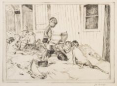 * James Arden Grant [1887-1973]- Summer Holiday; children playing beside beach huts,:- etching,