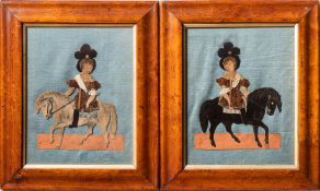 A pair of folk art collage pictures: depicting young girls on ponies, worked in coloured felts,