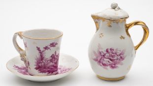 A mixed lot of 19th century Continental puce camaieu decorated porcelain: including a Vienna