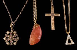 A 9ct gold chain with attached hardstone pendant,: a 9ct gold chain with attached paste-set pendant,