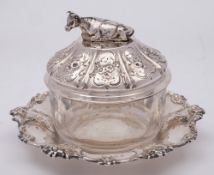 A Victorian clear glass and silver mounted butter dish, cover and stand, maker H J Lias & Son,