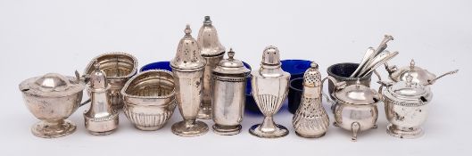 A collection of assorted silver condiments, various makers and dates:, includes pepperettes,