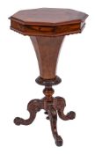 A Victorian burr figured walnut octagonal 'trumpet' work table:,