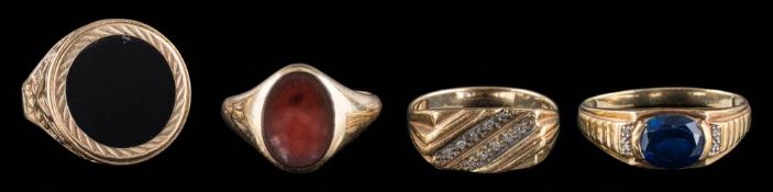 Two 9ct gold signet rings, a diamond-set ring and a gentleman's dress ring: stamped '375',