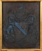 An 18th century linen panel decorated with The Arms Of Dame, Earl Of Dorchester: framed and glazed,