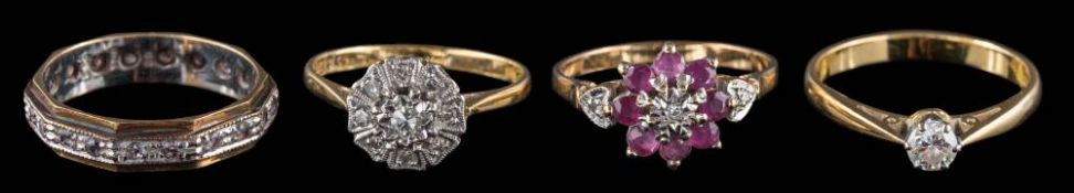 An 18ct gold and diamond single-stone ring, a diamond cluster ring,