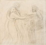Manner of George Romney, 19th Century- Three figures,:- pencil drawing verso 'Woodland', 36 x 36cm.