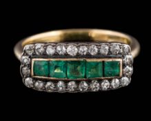 An Edwardian-style rectangular cluster ring: centring five calibre-cut emeralds within a surround