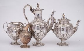 A Victorian electroplated four-piece tea and coffee service: of ovoid outline,