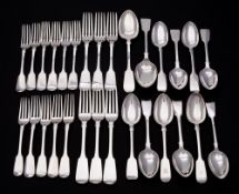 A collection of matched silver Fiddle pattern flatwares, various makers and dates: some initialled,