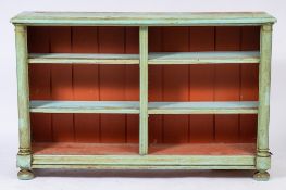 A 19th Century later sea green decorated low open bookcase:, the top with a moulded edge,
