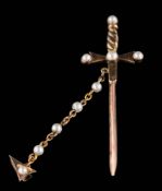 A cultured seed pearl sword jabot pin: approximately 51mm long, 2.5gms gross weight.