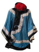 A Chinese blue and black ground silk informal robe and an official's black satin hat: the robe with