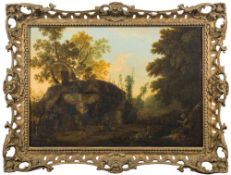 British School early 19th Century- Children and adults tending to a cottage garden,:- oil on canvas,