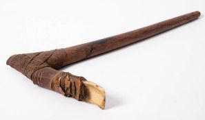 Papua New Guinea tribal adze: with inset bone blade and cord tied V-shaped handle, 37cm long.