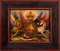A late 18th/early 19th century framed coat of arms on wood: contained within a wood frame ,