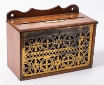 An Edwardian oak and brass house letter box: of rectangular outline,