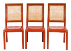 By John Makepeace, a set of eight tan leather covered dining chairs,
