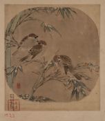 A Japanese painting, signed Bunshin: of sparrows in a bamboo grove,