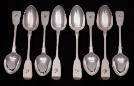 A set of eight Victorian silver Fiddle pattern teaspoons, maker A B Savory & Sons, London,