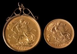 A sovereign dated 1899 and a half sovereign dated 1906.