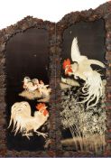 A large Japanese embroidered panel: of arched outline decorated with a group of white cockerels to