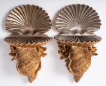 A pair of giltwood wall brackets: of scallop shells, supported by conch shells and coral,