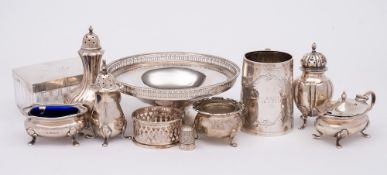 A mixed lot: including a silver three-piece cruet set, silver salt, two silver peppers,
