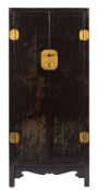 A Chinese black lacquer cupboard:, with a shelved interior and two short drawers,