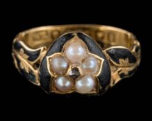 A Victorian 18ct gold, pearl and diamond, black enamelled ring: circa 1863,