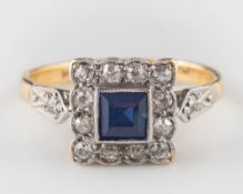 An 18ct gold and platinum faced sapphire and diamond Art Deco square cluster ring: the central