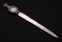 A Maltese silver paper knife, stamped mark: with inset coin terminal, 24cm long.