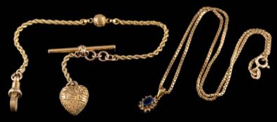 A 9ct gold sapphire pendant on 9ct gold chain: together with a 9ct gold chain with attached T-bar