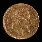 A French twenty francs gold coin dated 1866.