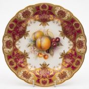 A Royal Worcester fruit painted cabinet plate by Richard Sebright: the centre painted with peaches,
