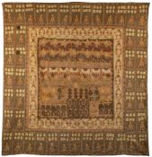 An Indo-Persian square wall hanging : the central field with applied figures riding on horses and