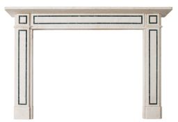 A white marble and verde antico banded fireplace:,