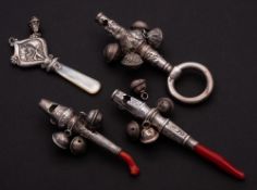 A Victorian silver child's rattle, maker George Unite: with whistle,