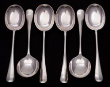 A set of six George V silver Hanoverian pattern soup spoons, maker Joseph Rogers & Sons, Sheffield,