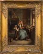 J Deraux [late 19th Century]- Mother and child spinning wool at a fireside,:- signed,