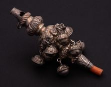 A Victorian silver child's rattle, maker Hilliard & Thomason, Birmingham, undated: with whistle ,