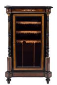 A Victorian ebonised, amboyna wood, inlaid and gilt metal mounted music cabinet:,