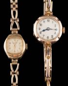 A lady's 9ct gold wristwatch: the circular dial with Arabic numerals and on expanding strap,