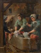Attributed to John Shapland [1865-1929]- Three women at a large stone sink in a wash house interior,
