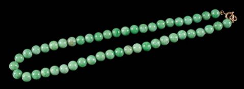 A jade bead single-string necklace: each bead between 7mm and 8mm diameter, on bolt ring clasp,