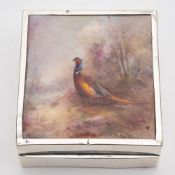 A silver mounted Royal Worcester porcelain box: the lid panel painted by James Stinton with a cock