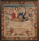 A Victorian woolwork sampler/picture: decorated with young children with their dog,