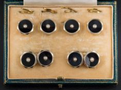 A cased set of Art Deco black onyx and seed pearl mounted octagonal cuff-links and buttons: each